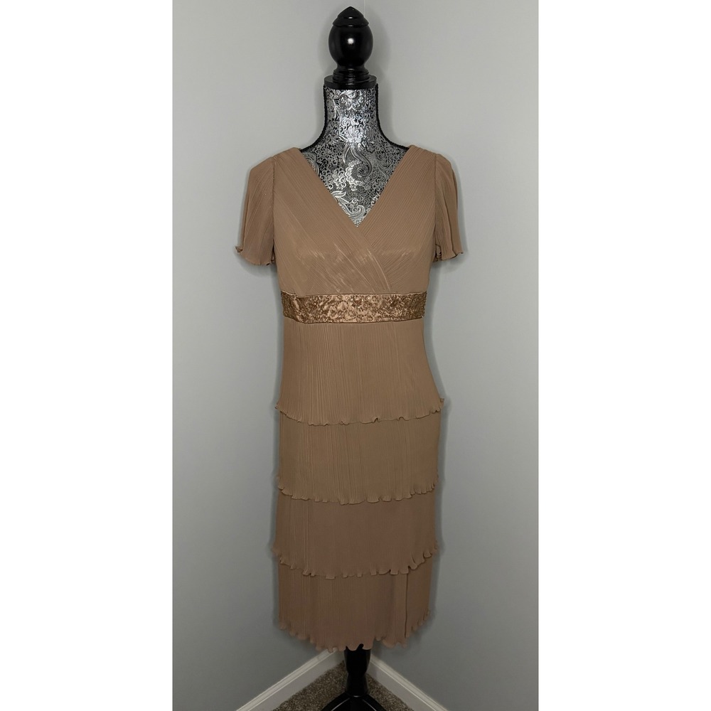 Patra Taupe Brown Pleated Tiered Evening Gown Beaded Empire Waist Size 8